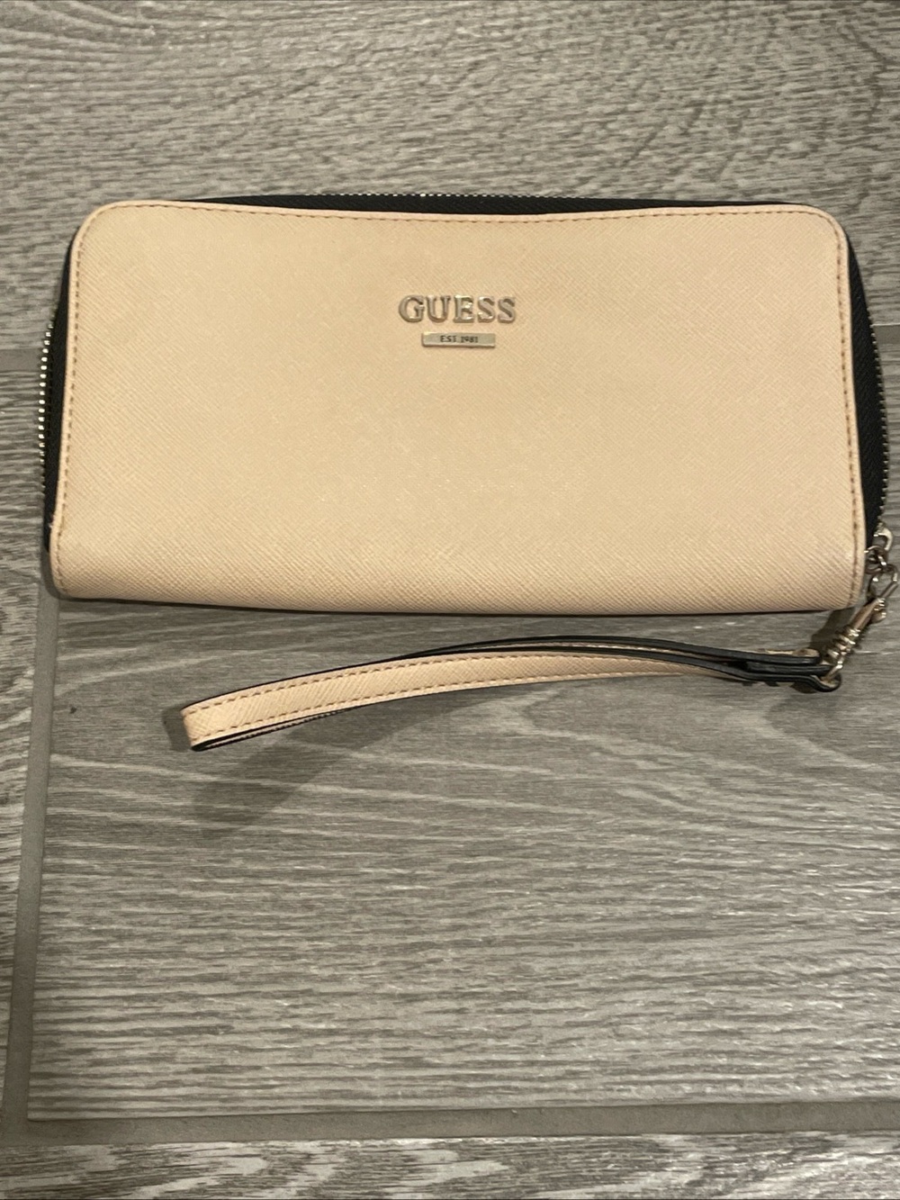 GUESS Beige and Black Zip Wristlet Wallet